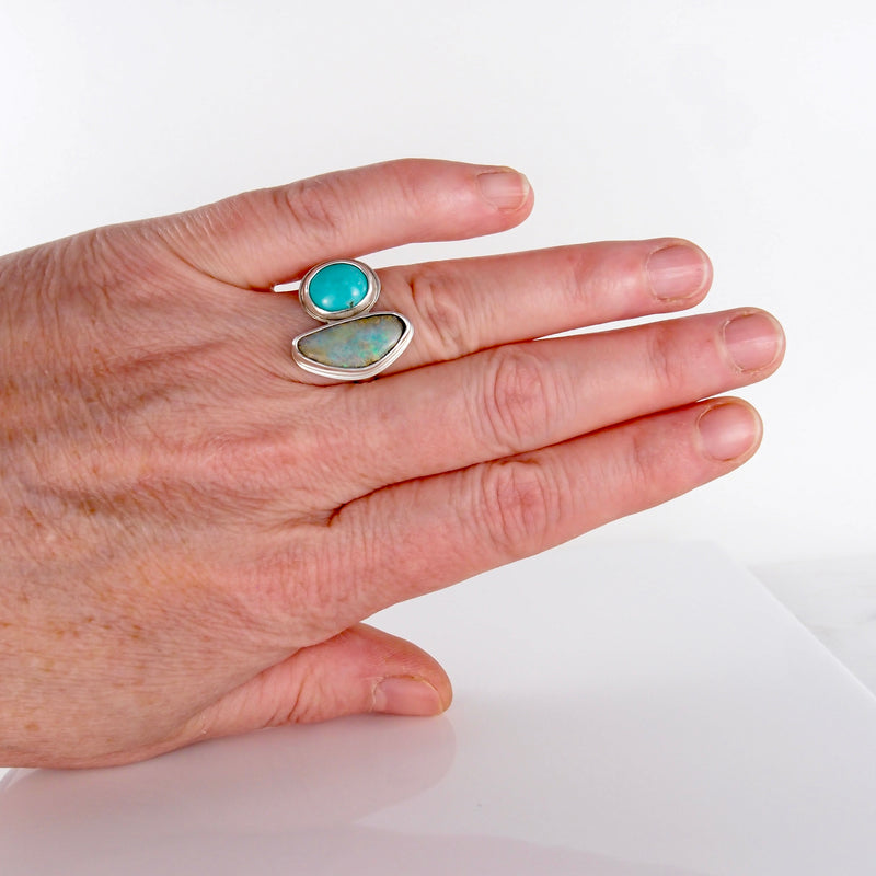 Double Lake Ring #3 - Boulder Opal and Turquoise - Size 6.25