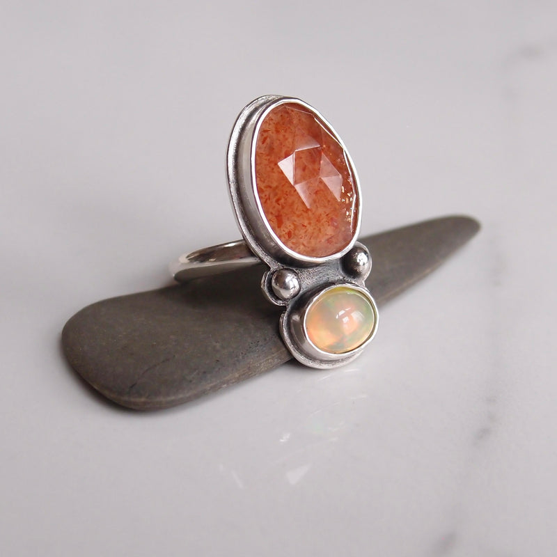 Double Lake Ring #4 - Sunstone and Opal - Size 8