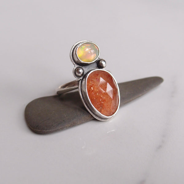 Double Lake Ring #4 - Sunstone and Opal - Size 8