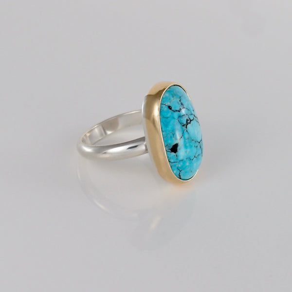 Lake Ring #25 - New Lander Turquoise with 14K gold - Size 7