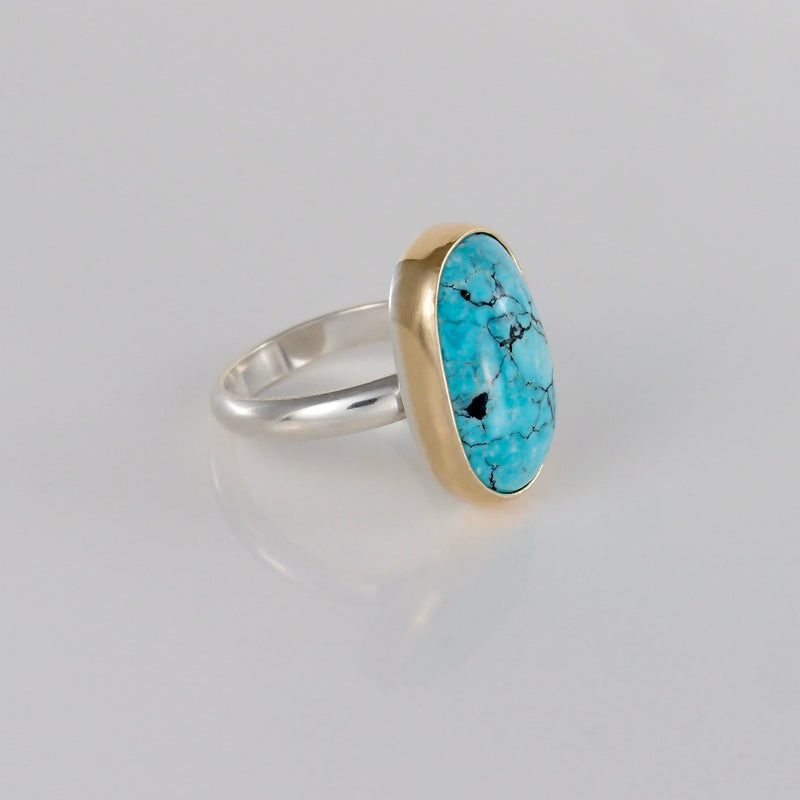 Lake Ring #25 - New Lander Turquoise with 14K gold - Size 7