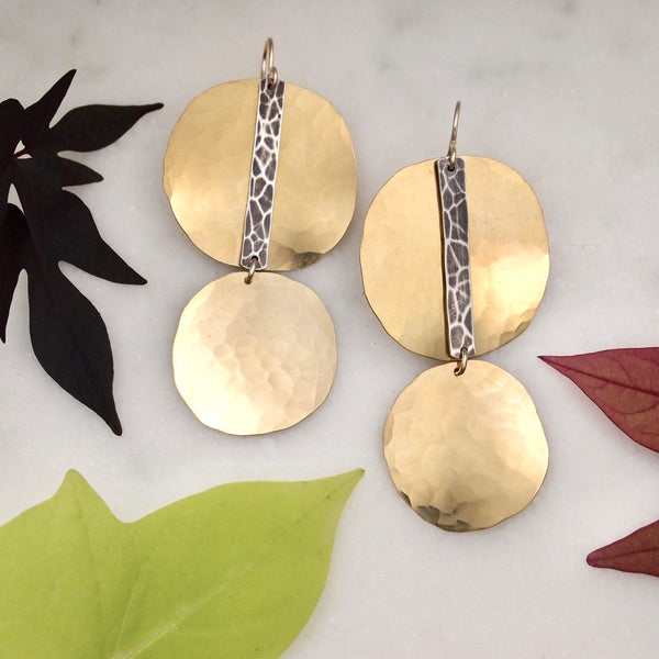 Brass disc earrings with silver accent